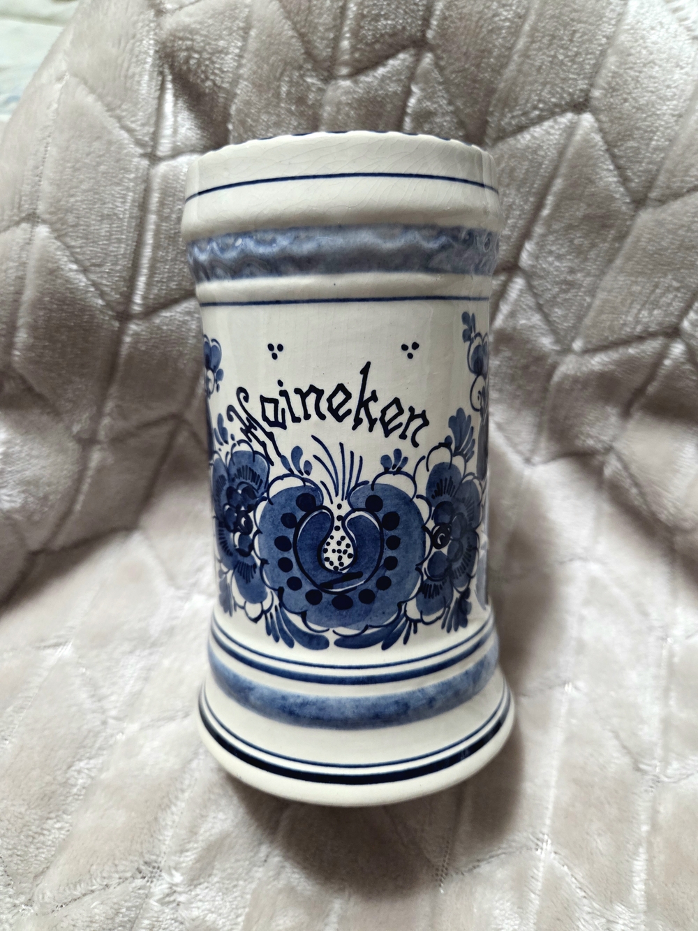 Vintage Heineken Delft Floral Ceramic Stein - 1970's White and Blue Beer Mug